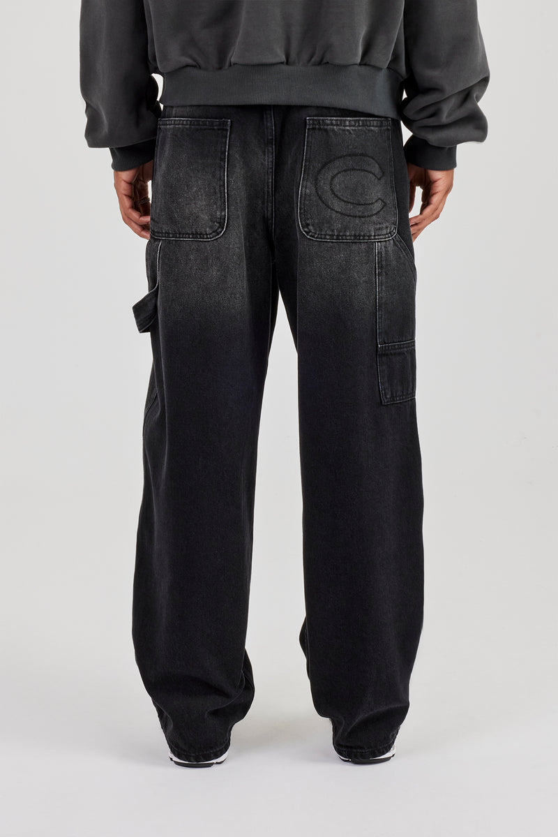 Super Baggy Carpenter Detail Jeans - Washed Black