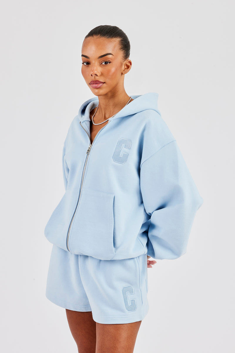 Oversized Zip Through Hoodie Short Baby Blue Womens Sets