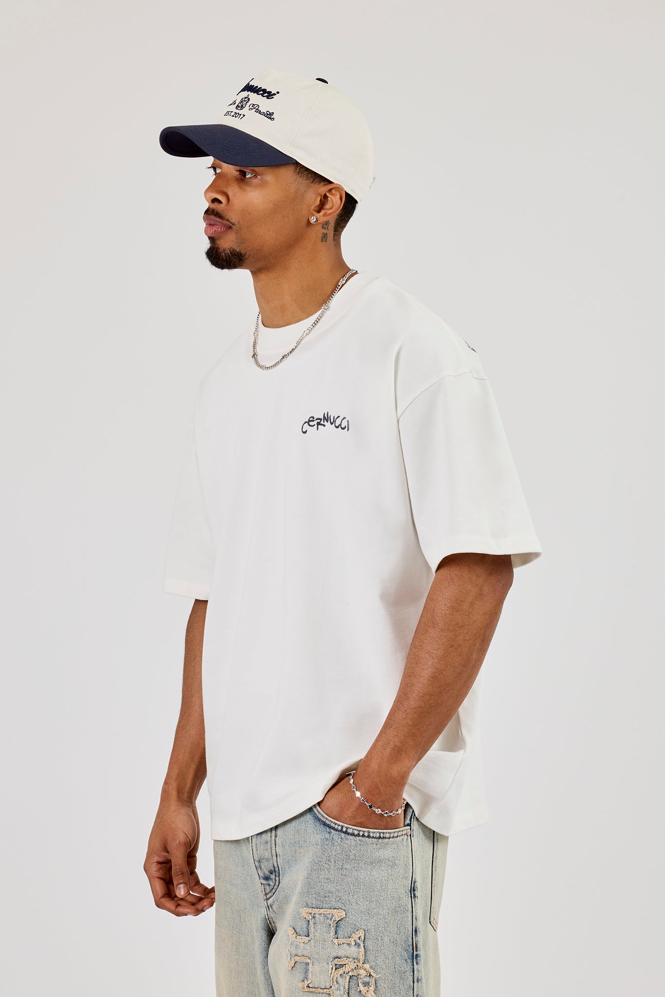 Cherub Chain Stitch Oversized T-Shirt - Off White | Mens Tees