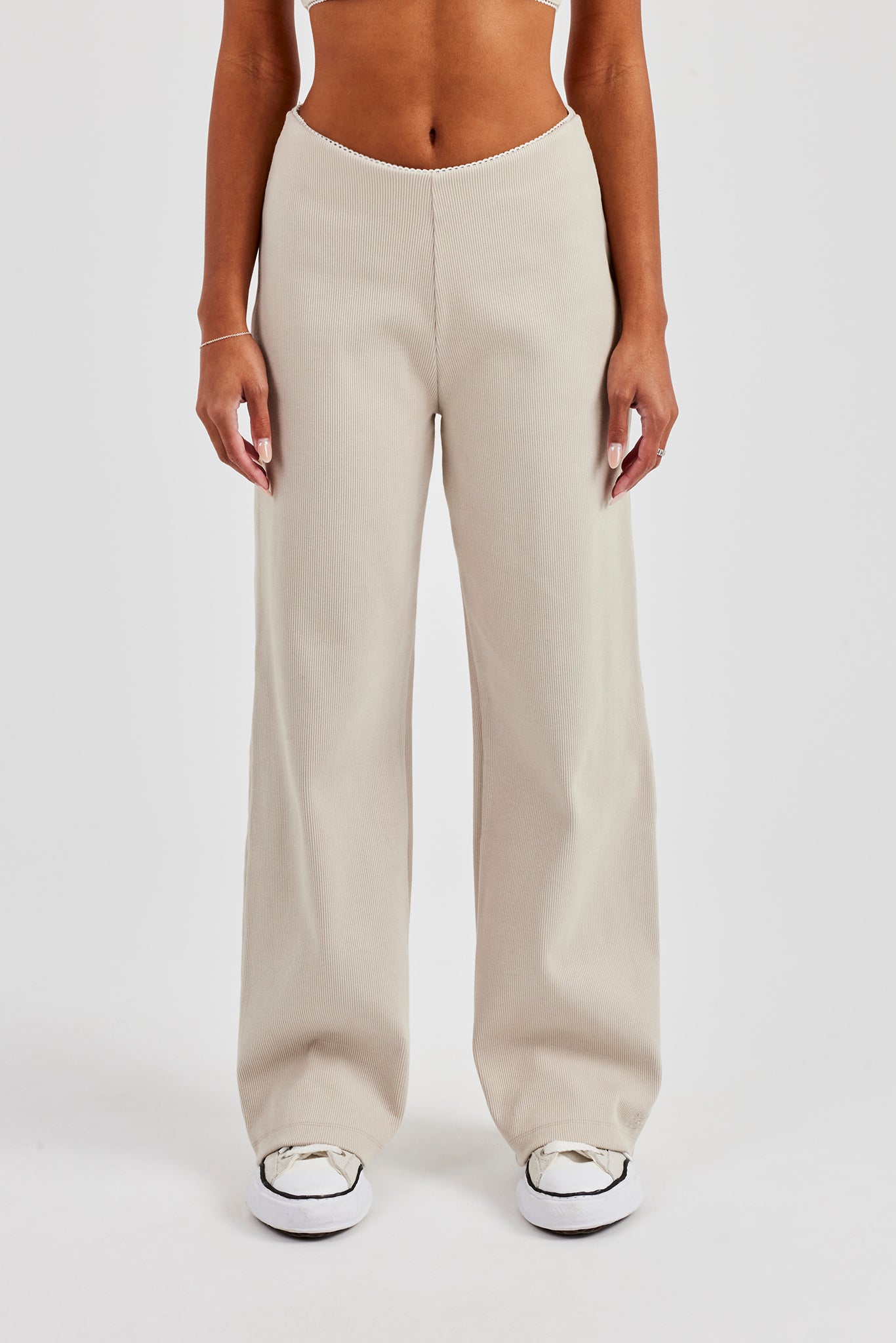 Ribbed Pant with Trim Detail - Stone