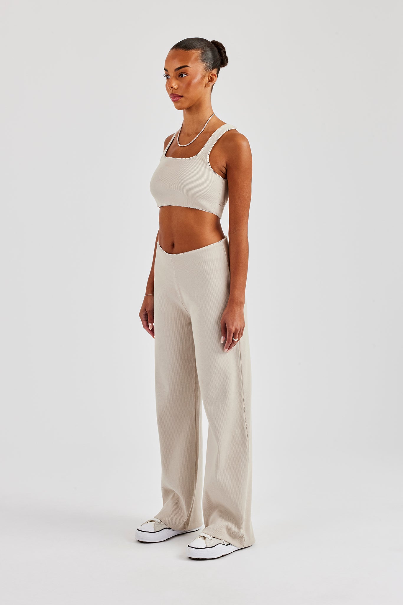 Ribbed Pant with Trim Detail - Stone