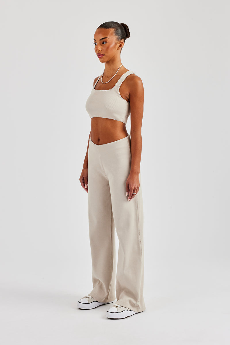 Ribbed Pant with Trim Detail - Stone