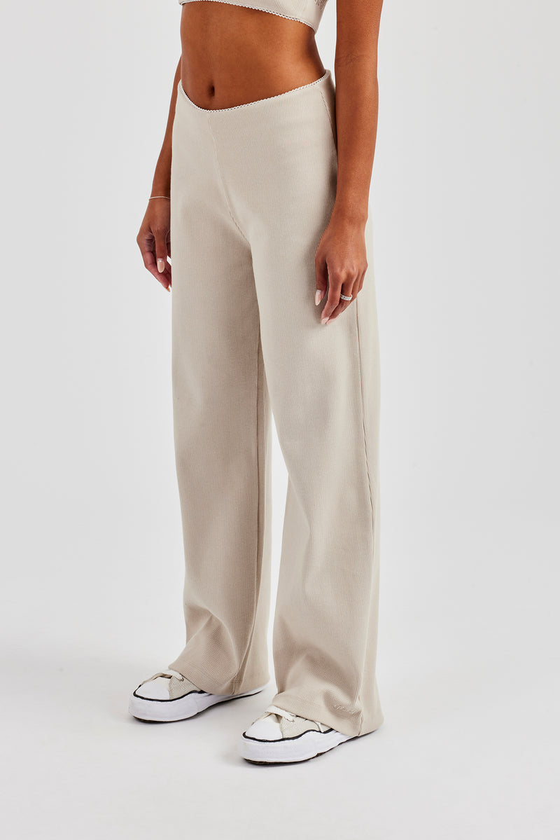 Ribbed Pant with Trim Detail - Stone
