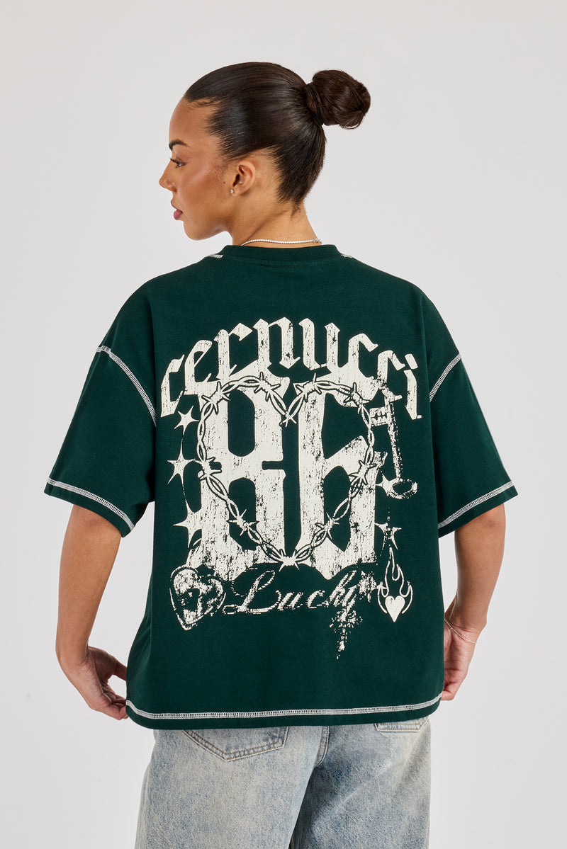 Distressed 86 Oversized T-Shirt - Bottle Green