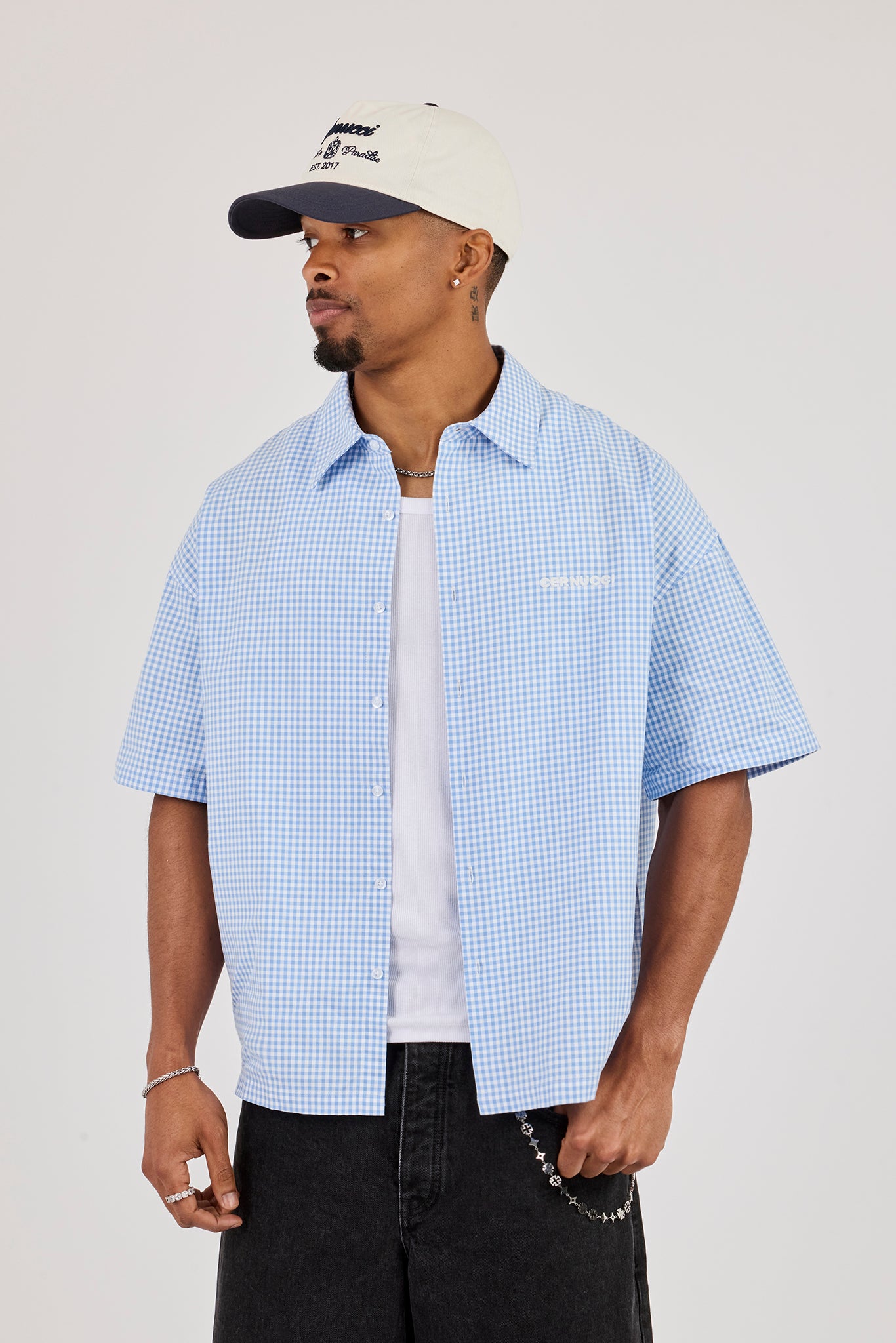 Short Sleeve Check Print Shirt - Blue