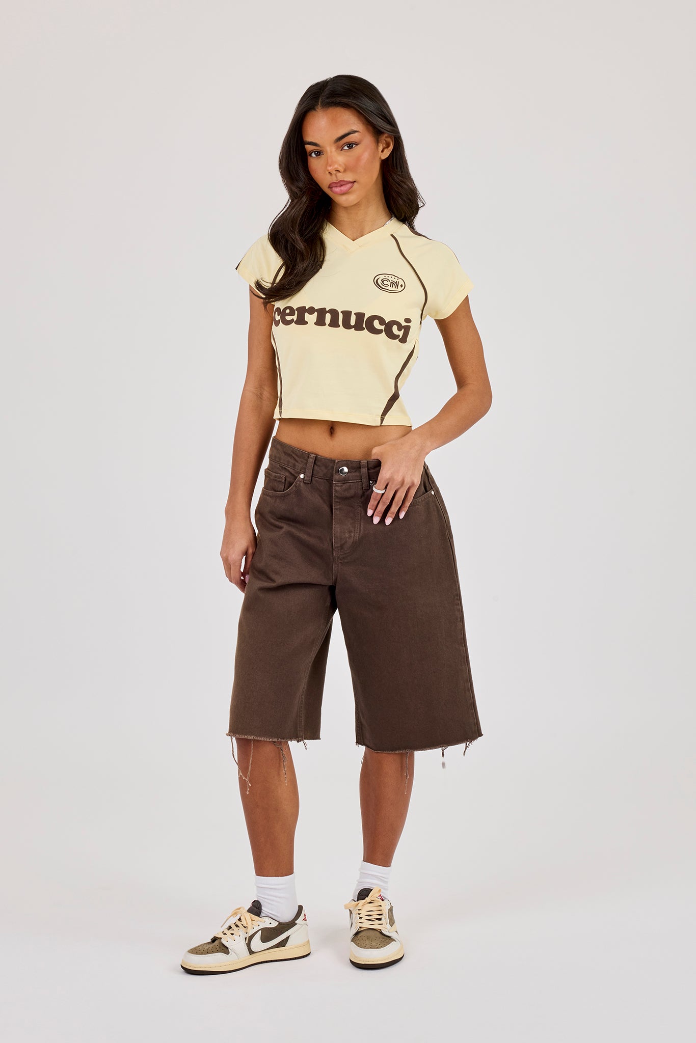 Panelled Fitted Football Baby Tee - Butter Yellow