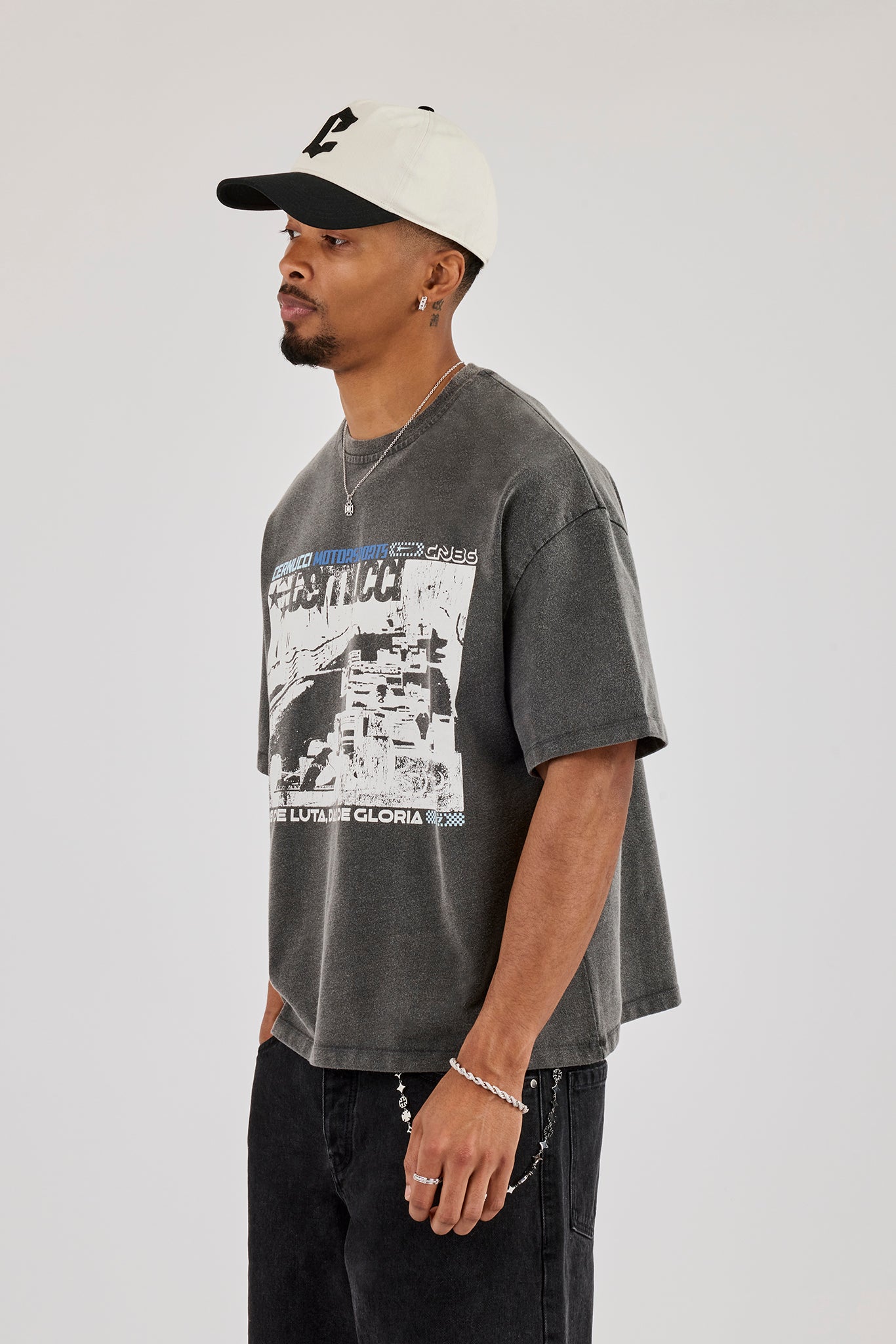 Washed Boxy Fit Moto Graphic T-Shirt - Charcoal