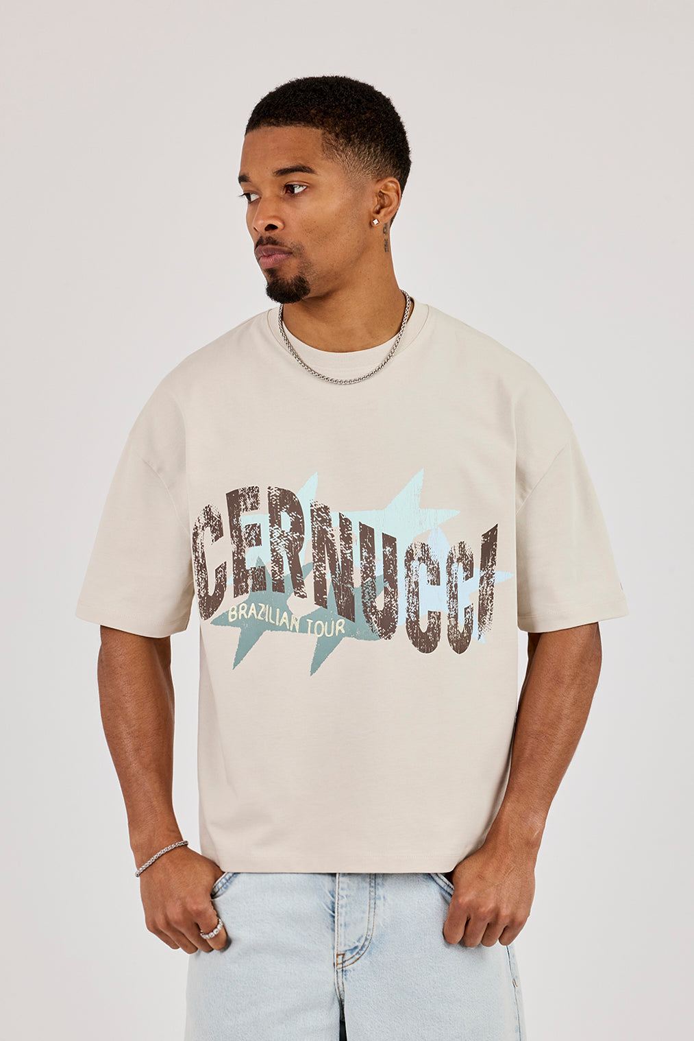 Cracked Cernucci Star Print Boxy T-Shirt - Stone