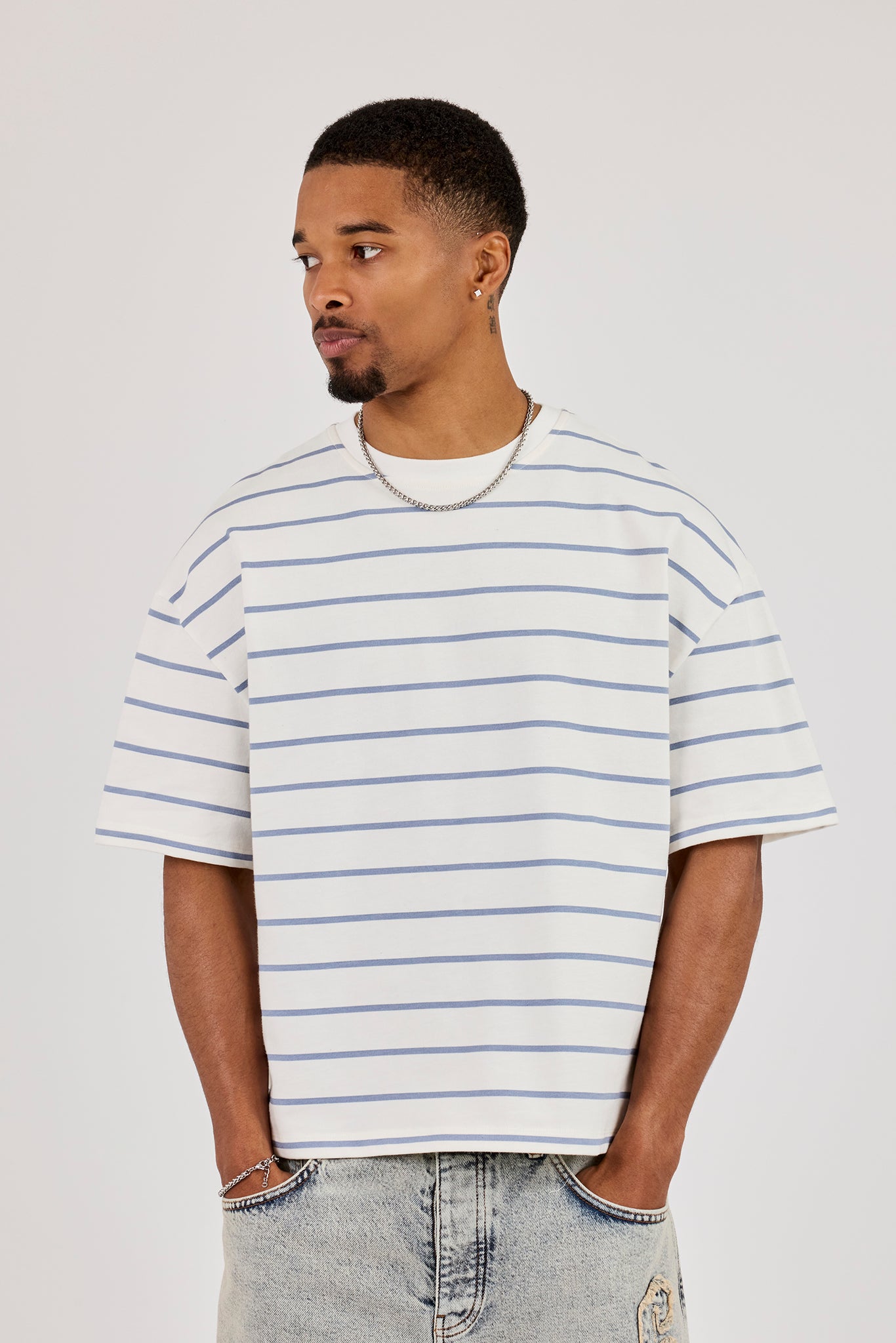Boxy Stripe Logo T-Shirt - Off White | Mens Tees & Vests | Shop T