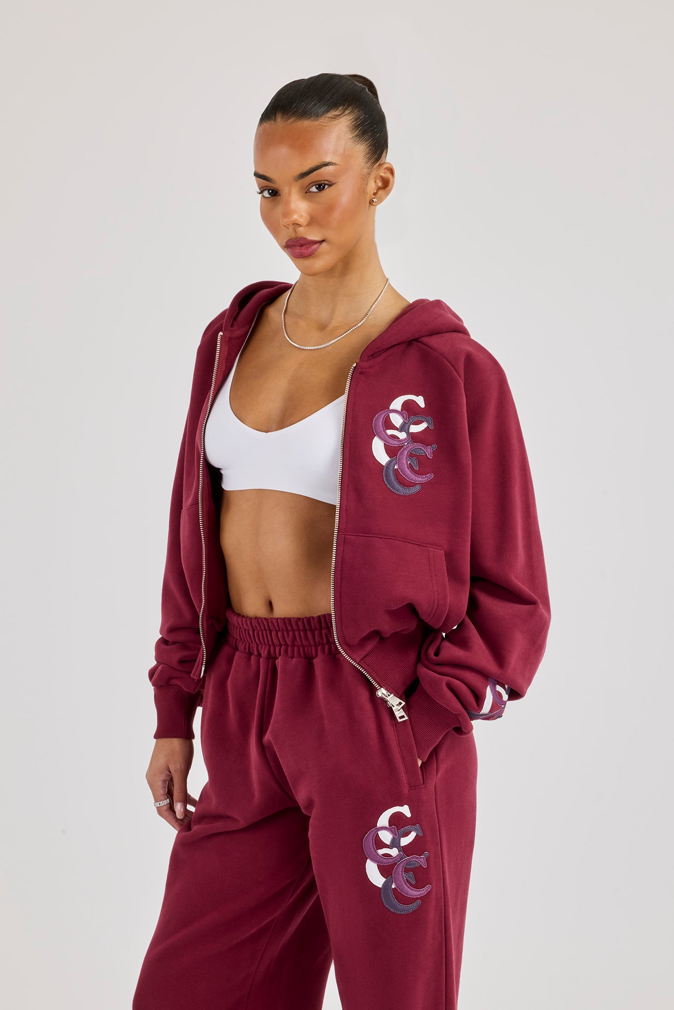 Cropped Layered Applique Zip Hoodie - Burgundy