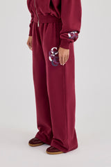 Layered Applique Wide Leg Jogger - Burgundy