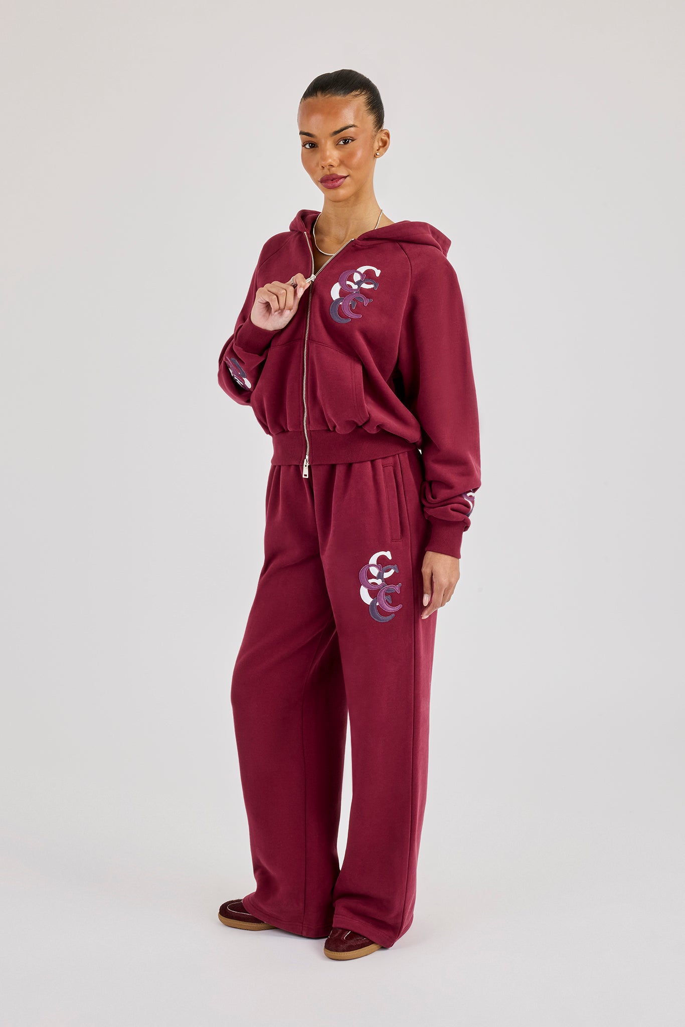 Layered Applique Wide Leg Jogger - Burgundy