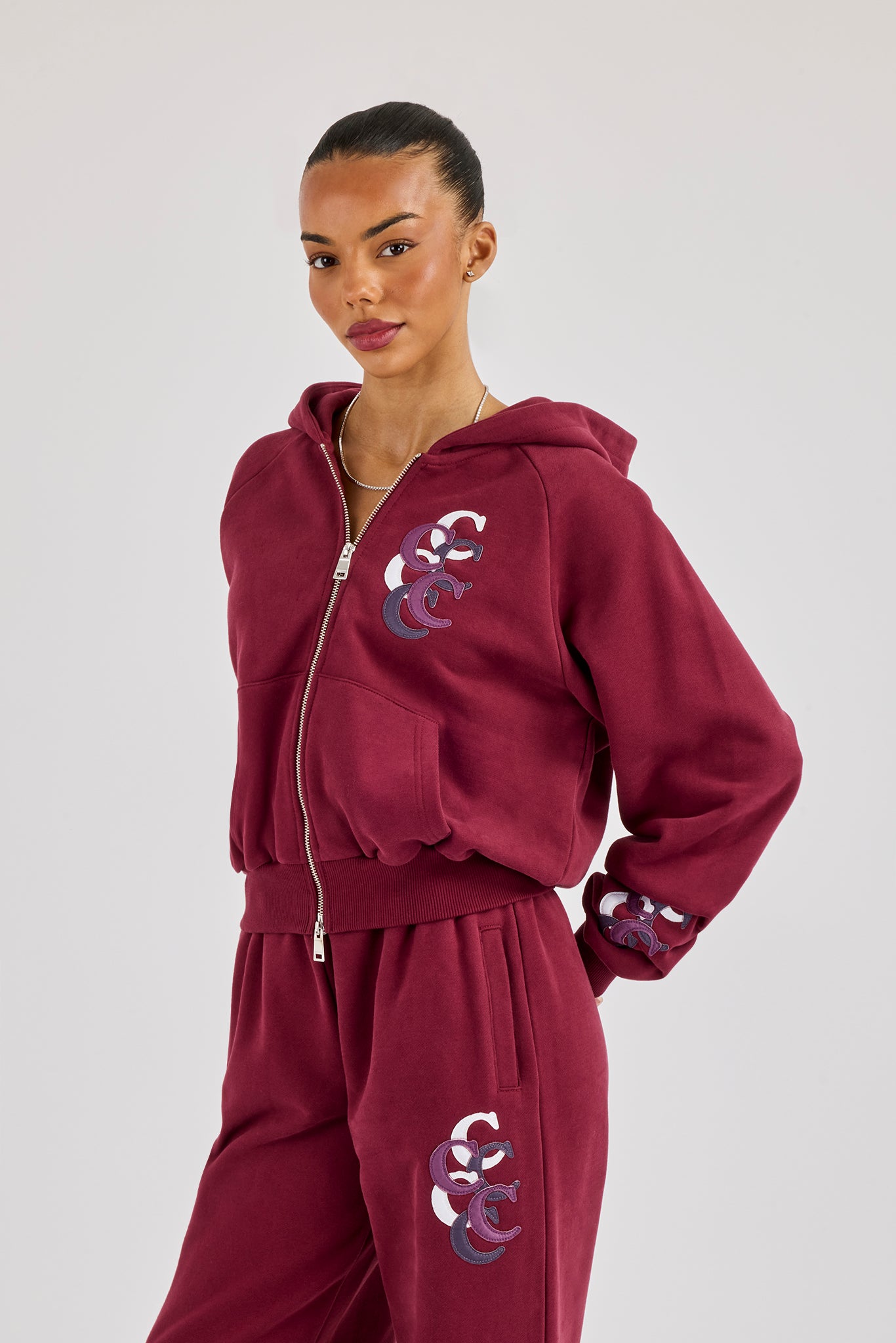 Cropped Layered Applique Zip Hoodie - Burgundy