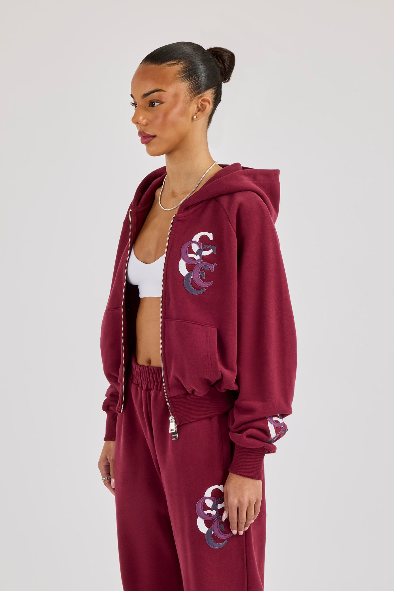 Cropped Layered Applique Zip Hoodie - Burgundy