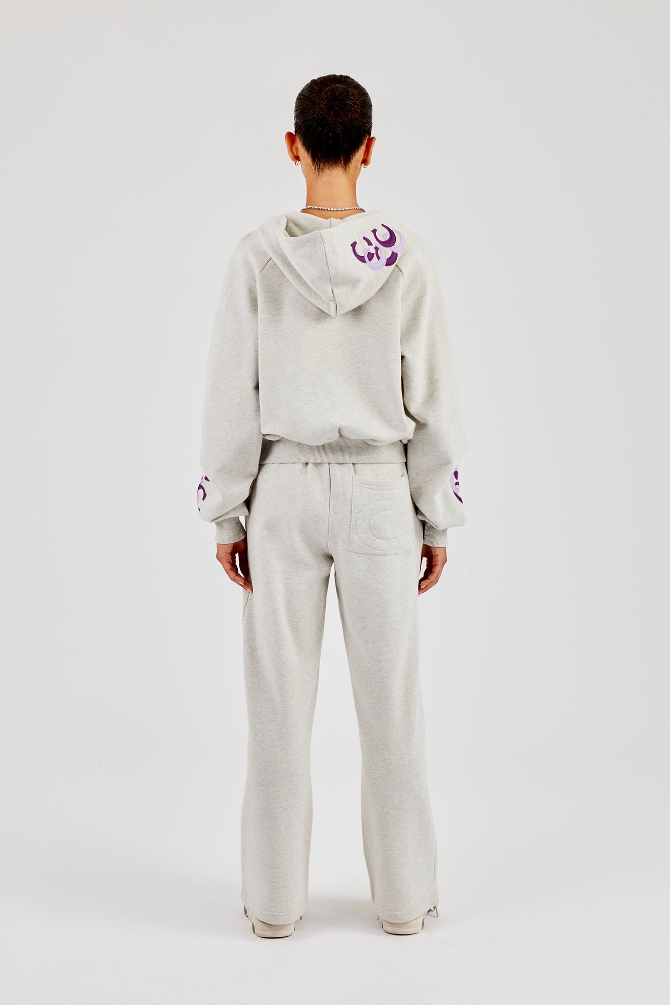 Cropped Layered Applique Zip Hoodie & Wide Leg Jogger - Ash Grey