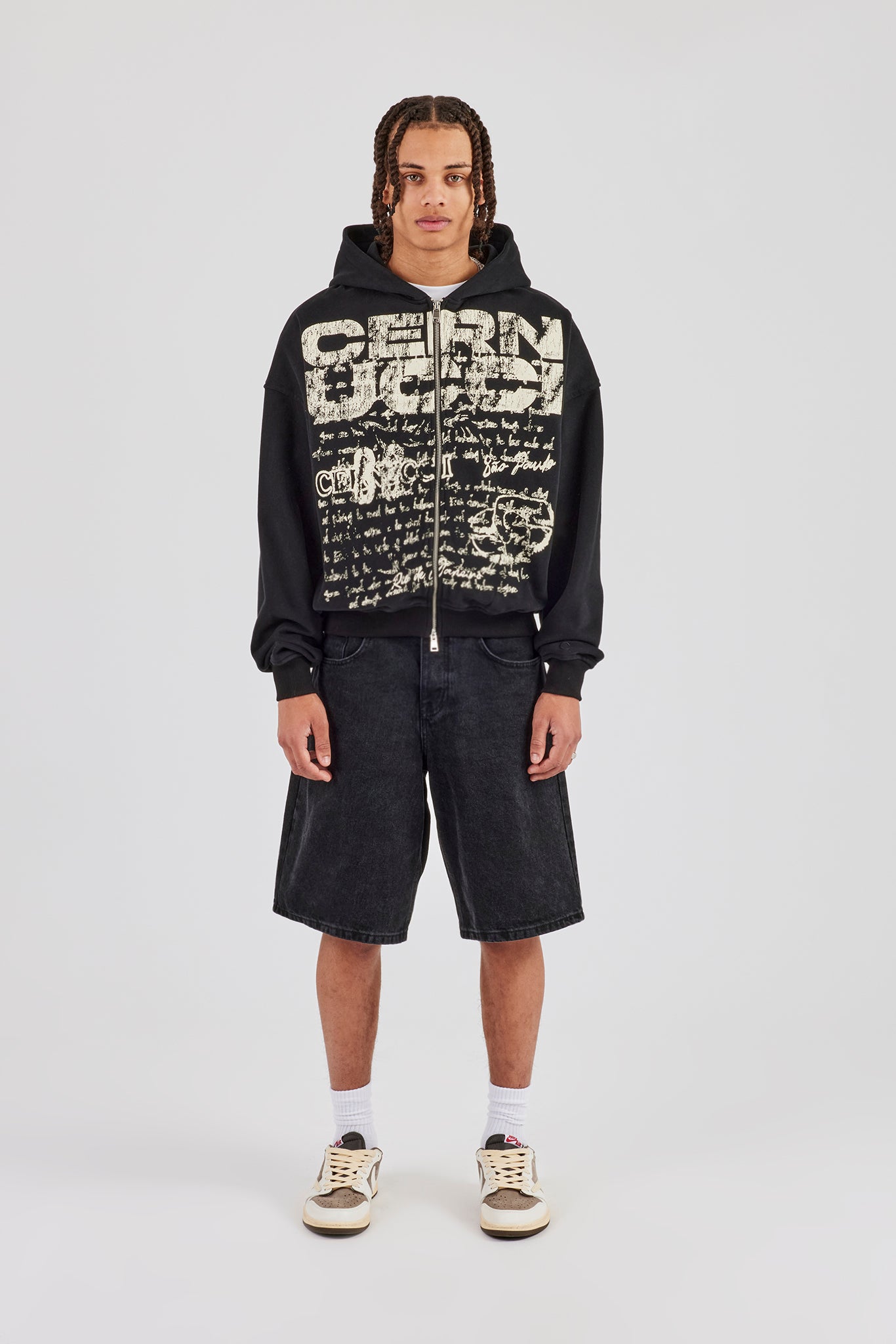 Washed Boxy Zip Through Printed Hoodie - Black