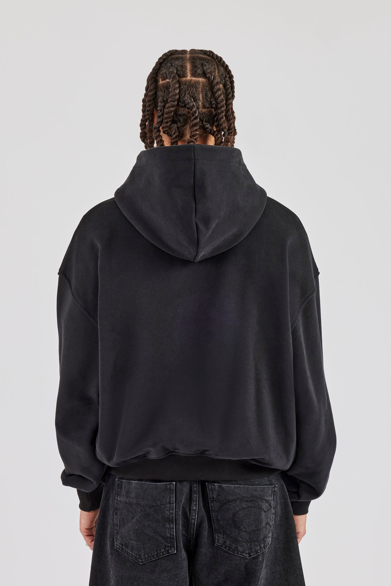 Washed Boxy Zip Through Printed Hoodie - Black