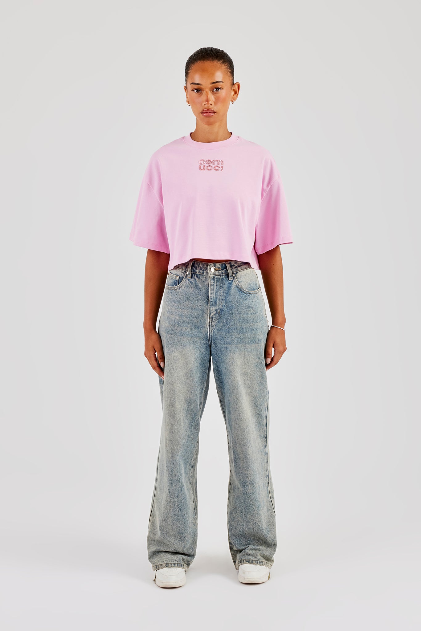 Glitter Applique Cropped T-Shirt - Pink