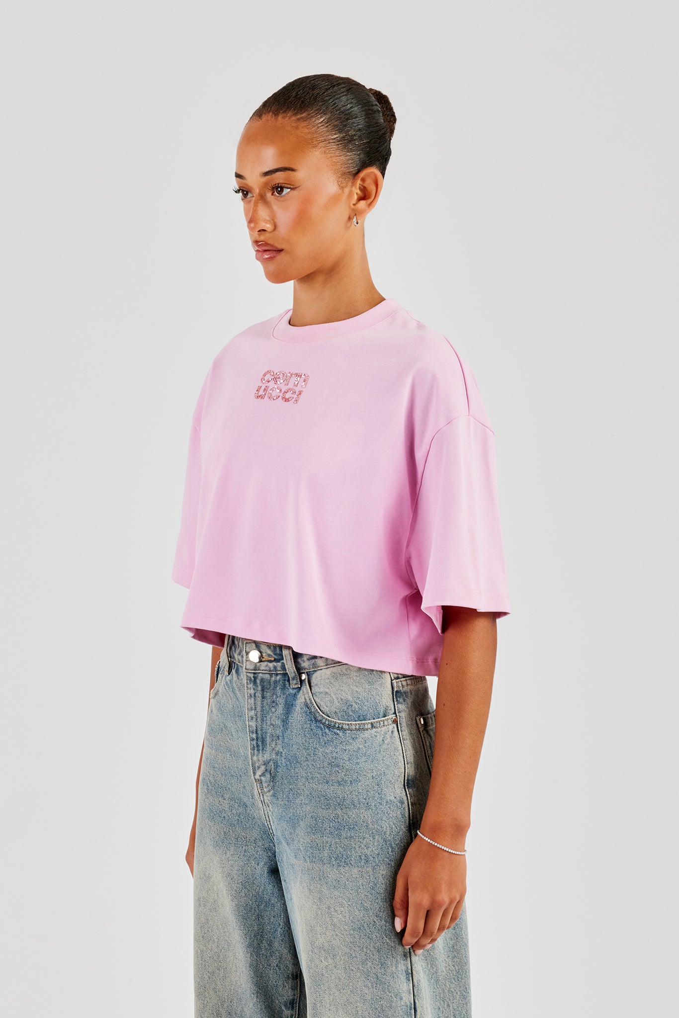 Glitter Applique Cropped T-Shirt - Pink