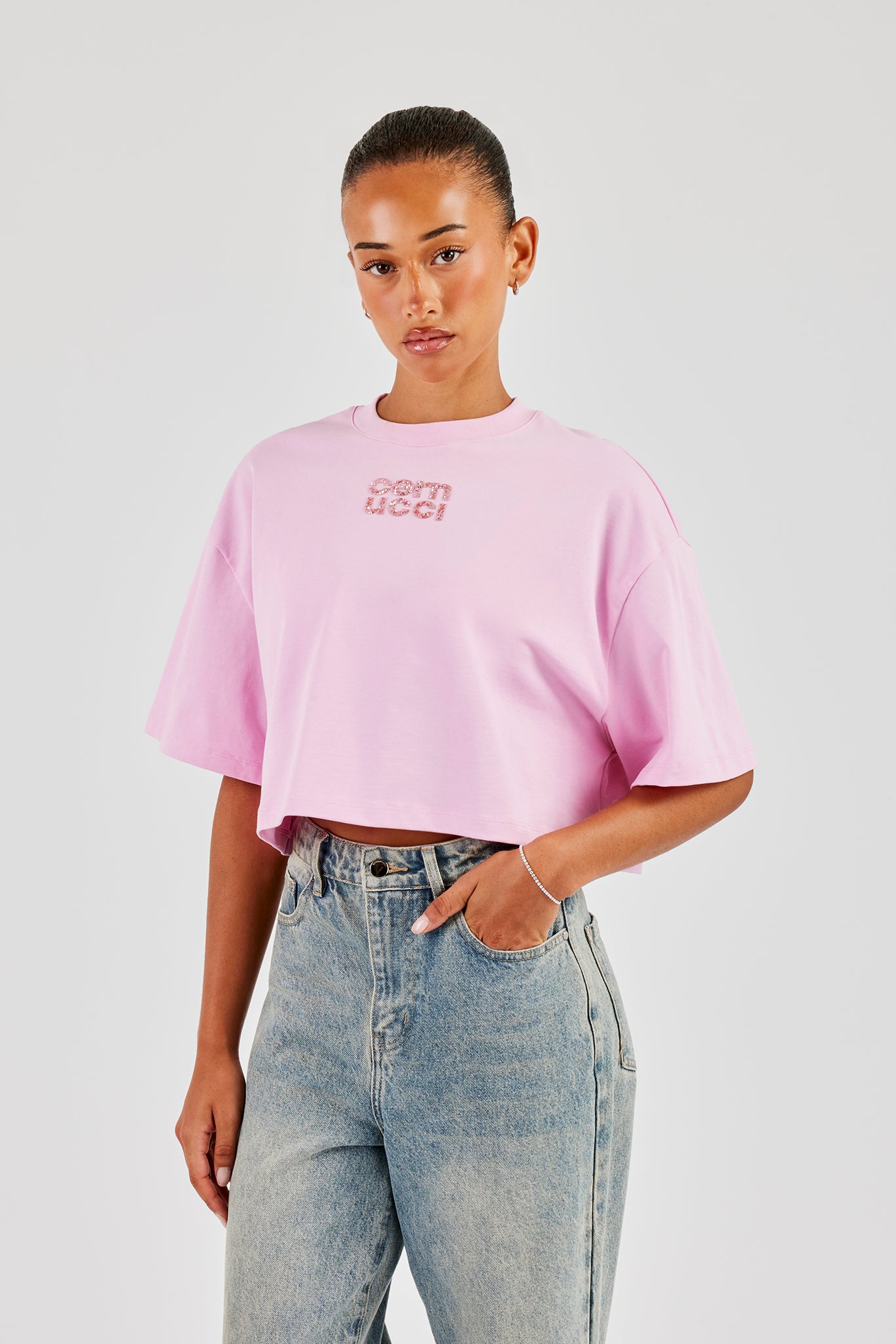 Glitter Applique Cropped T-Shirt - Pink | Womens Tees & Vests