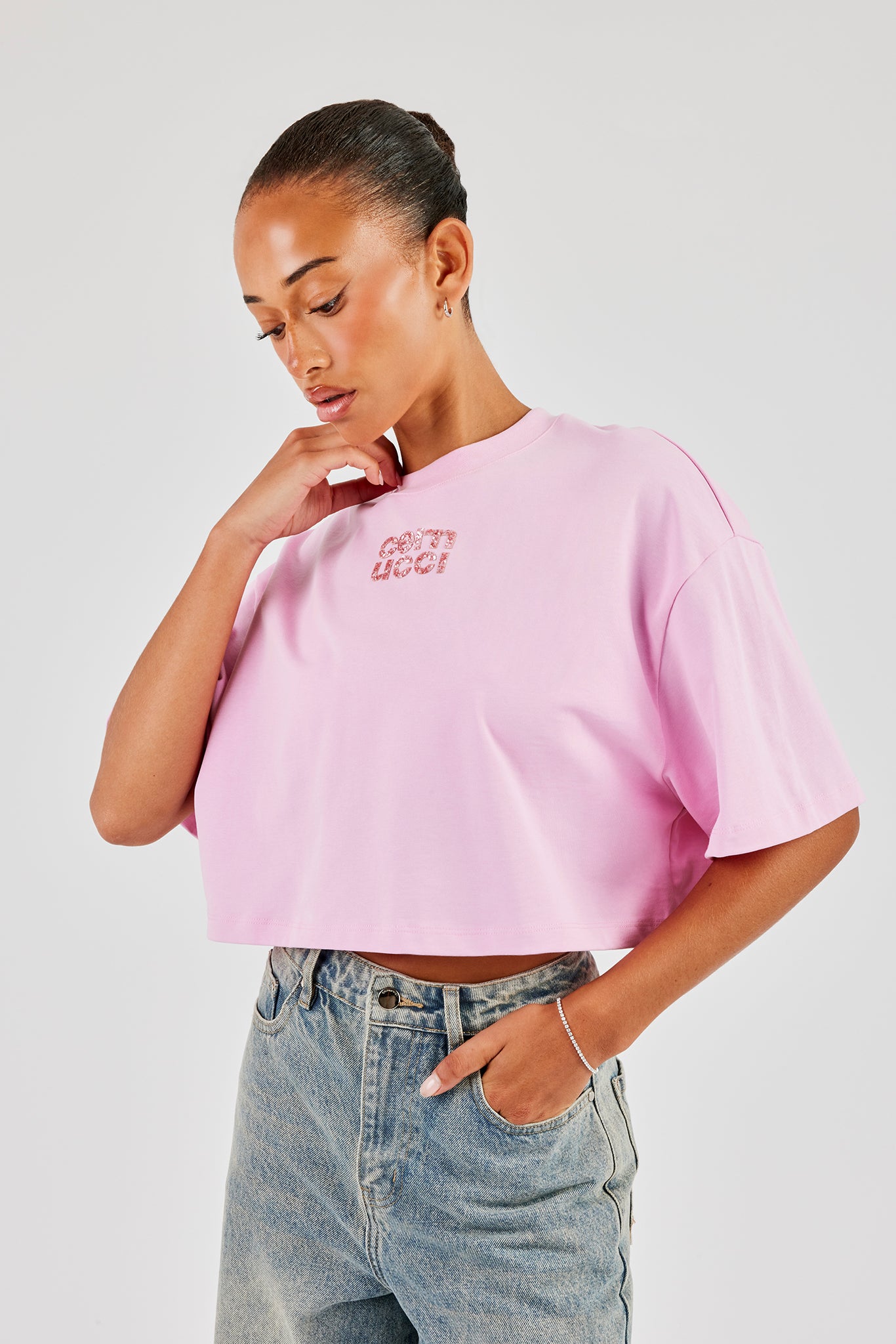 Glitter Applique Cropped T-Shirt - Pink