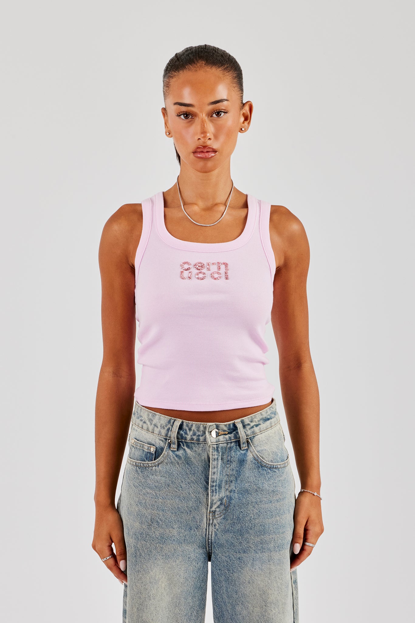 Glitter Applique Rib Scoop Neck Vest - Pink