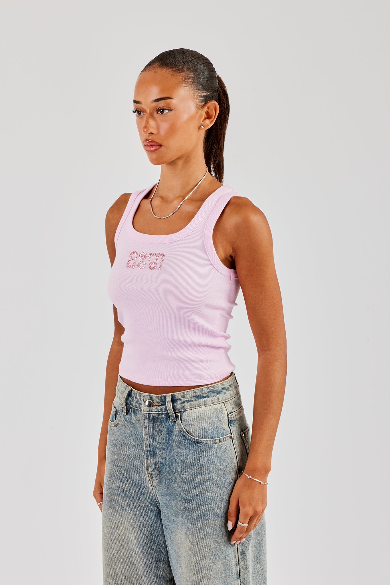 Glitter Applique Rib Scoop Neck Vest - Pink