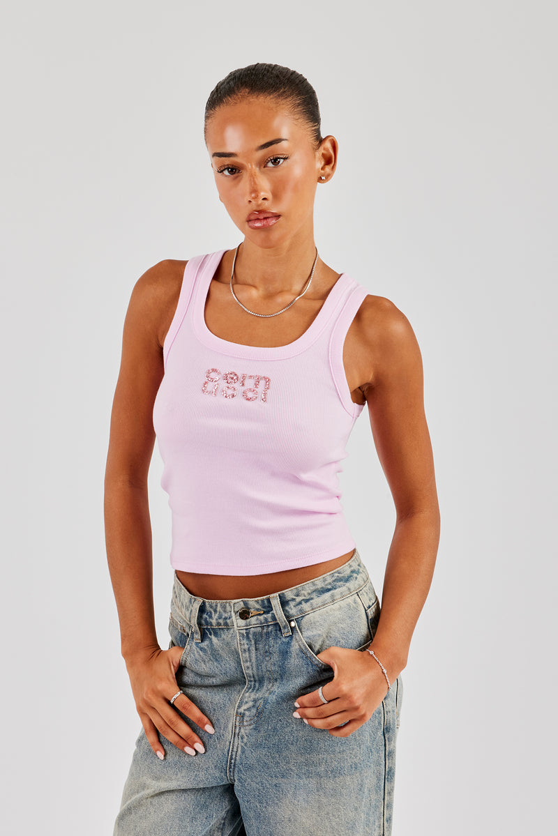Glitter Applique Rib Scoop Neck Vest - Pink