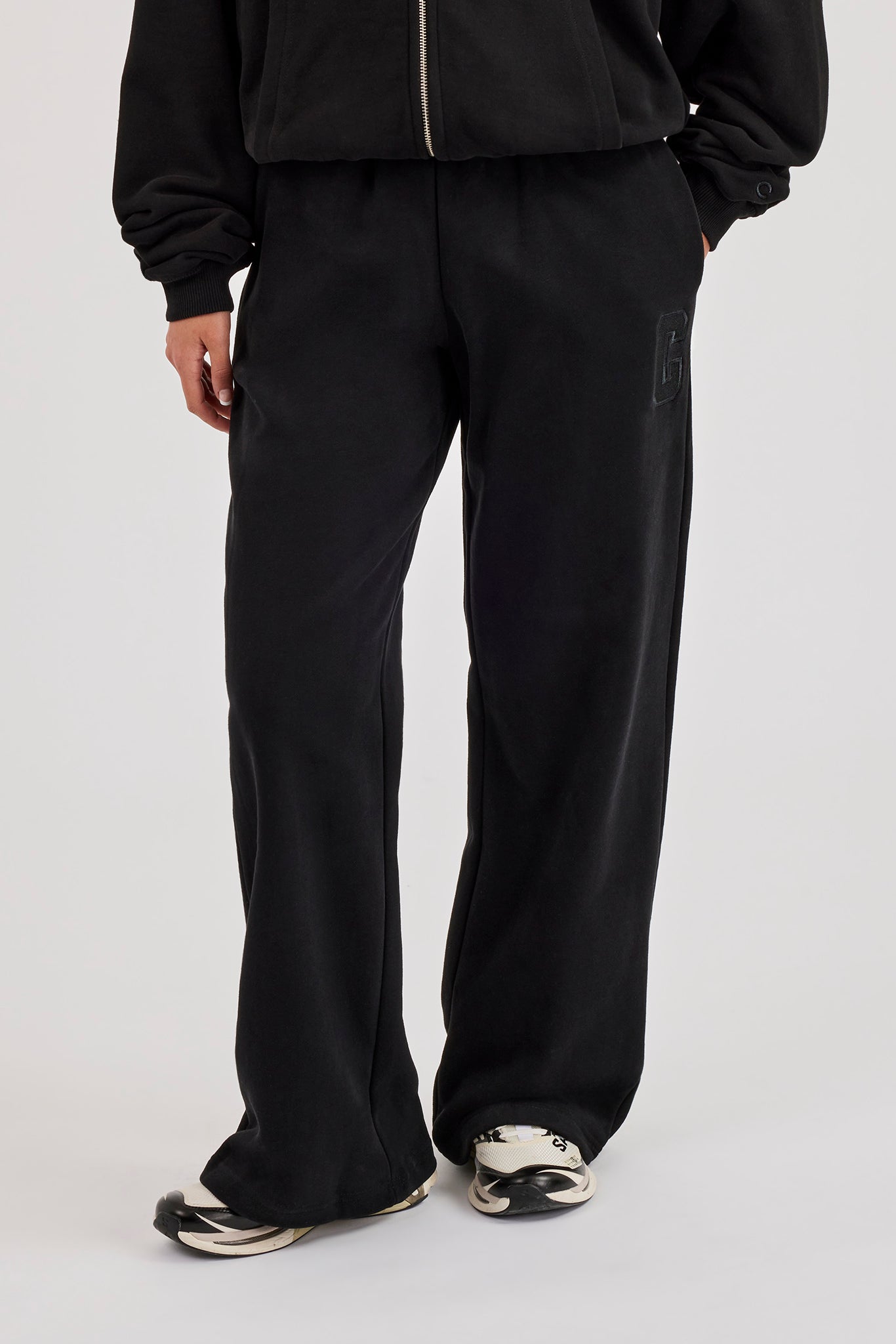 C Embroidered Wide Leg Jogger - Black