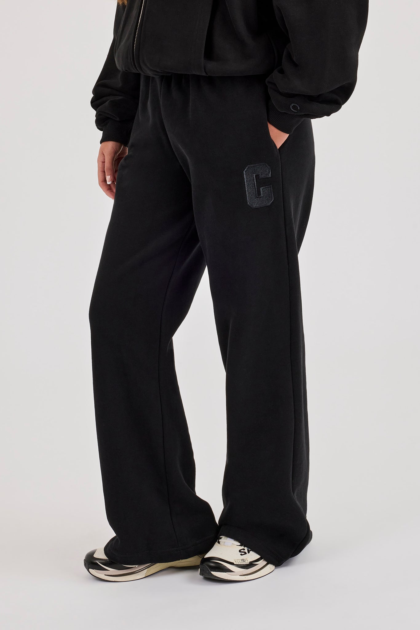 C Embroidered Wide Leg Jogger - Black