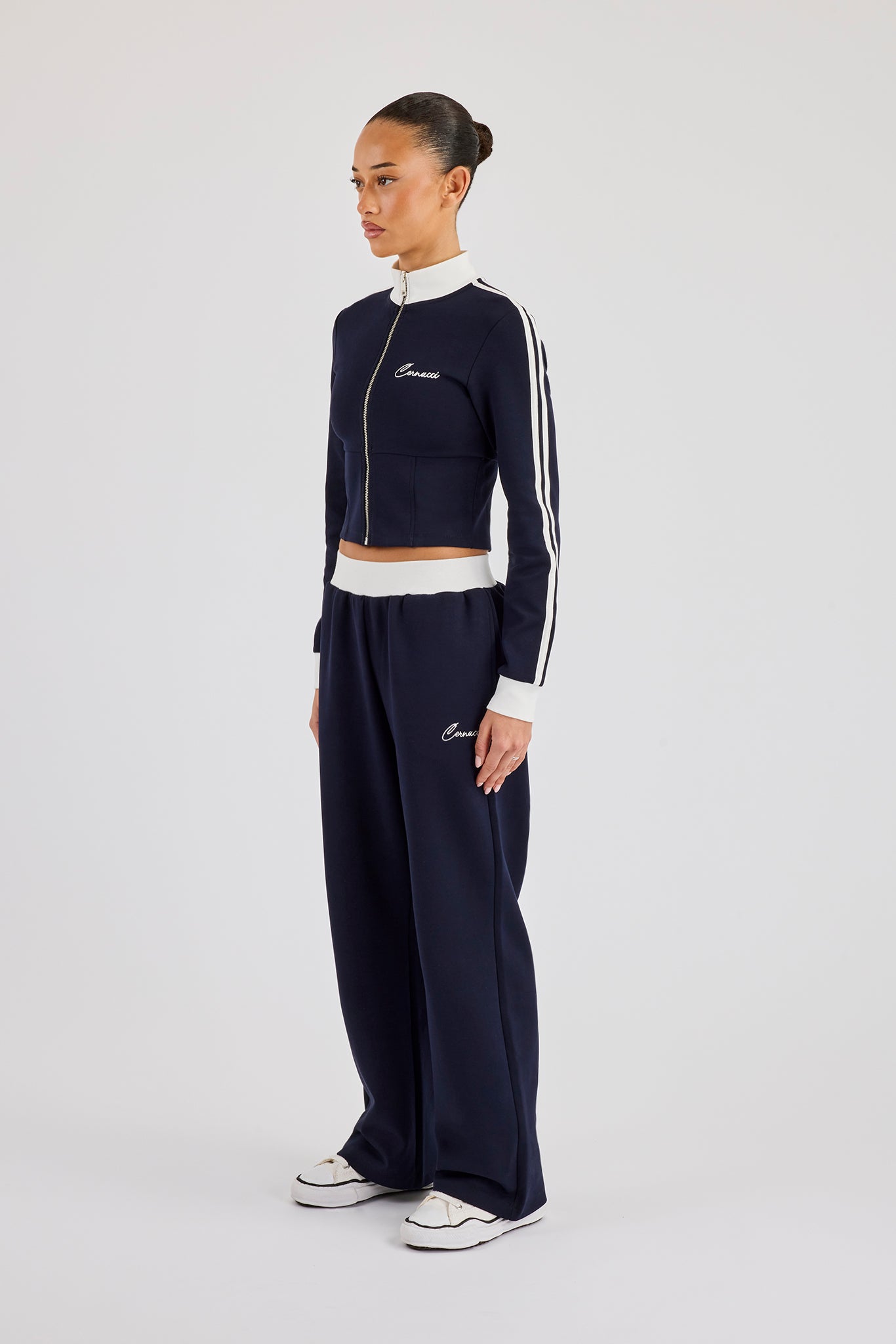 Soft Touch Stripe Zip Through Track Jacket & Wide Leg Jogger - Navy Blue