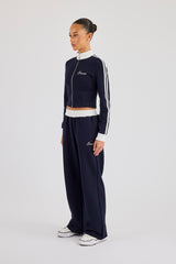 Soft Touch Stripe Zip Through Track Jacket & Wide Leg Jogger - Navy Blue