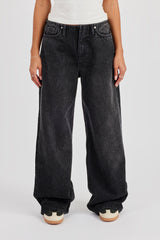 Baggy Low Waistbandless Detail Jean - Washed Black