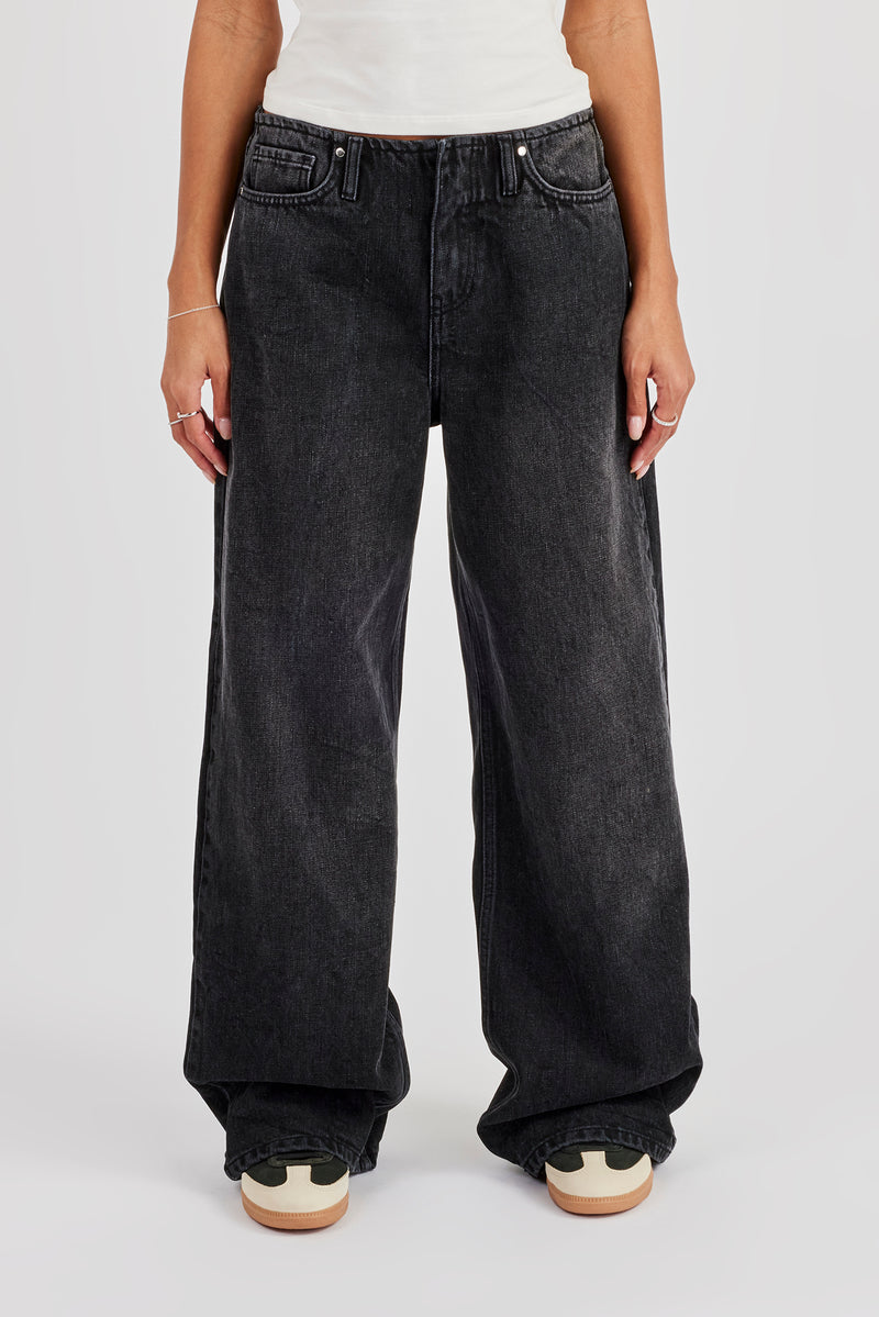 Baggy Low Waistbandless Detail Jean - Washed Black | Womens Denim 