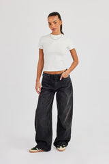Baggy Low Waistbandless Detail Jean - Washed Black
