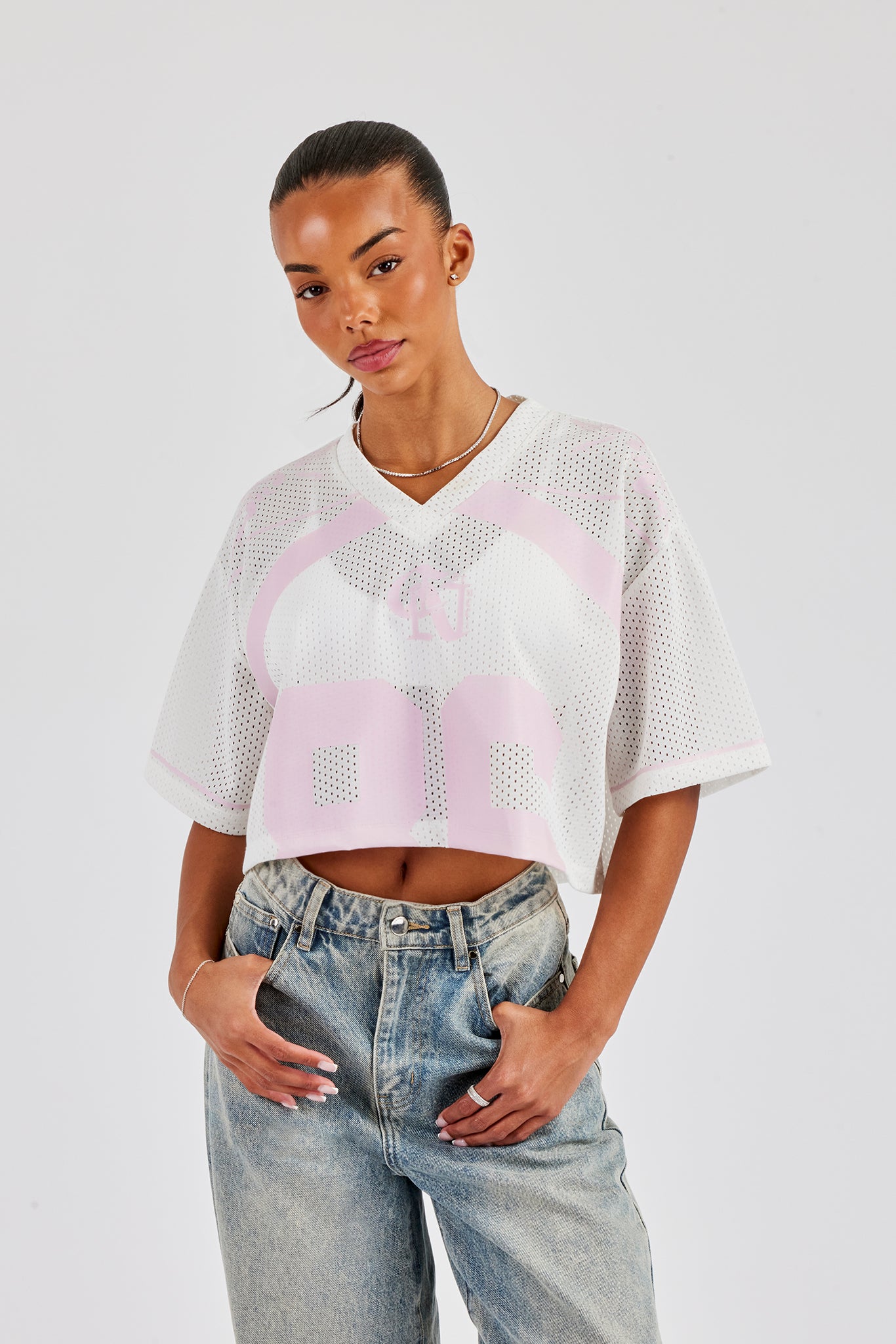 Mesh Cropped Pink 86 Top - White