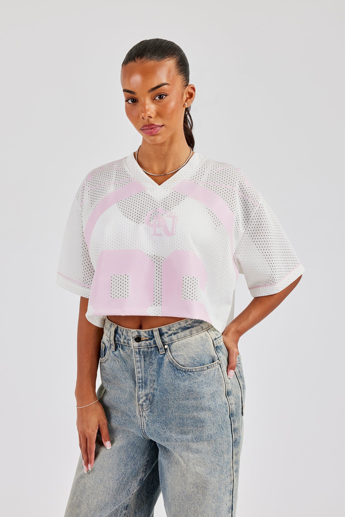 Kurzes Mesh-Top „Pink 86“ - Weiß