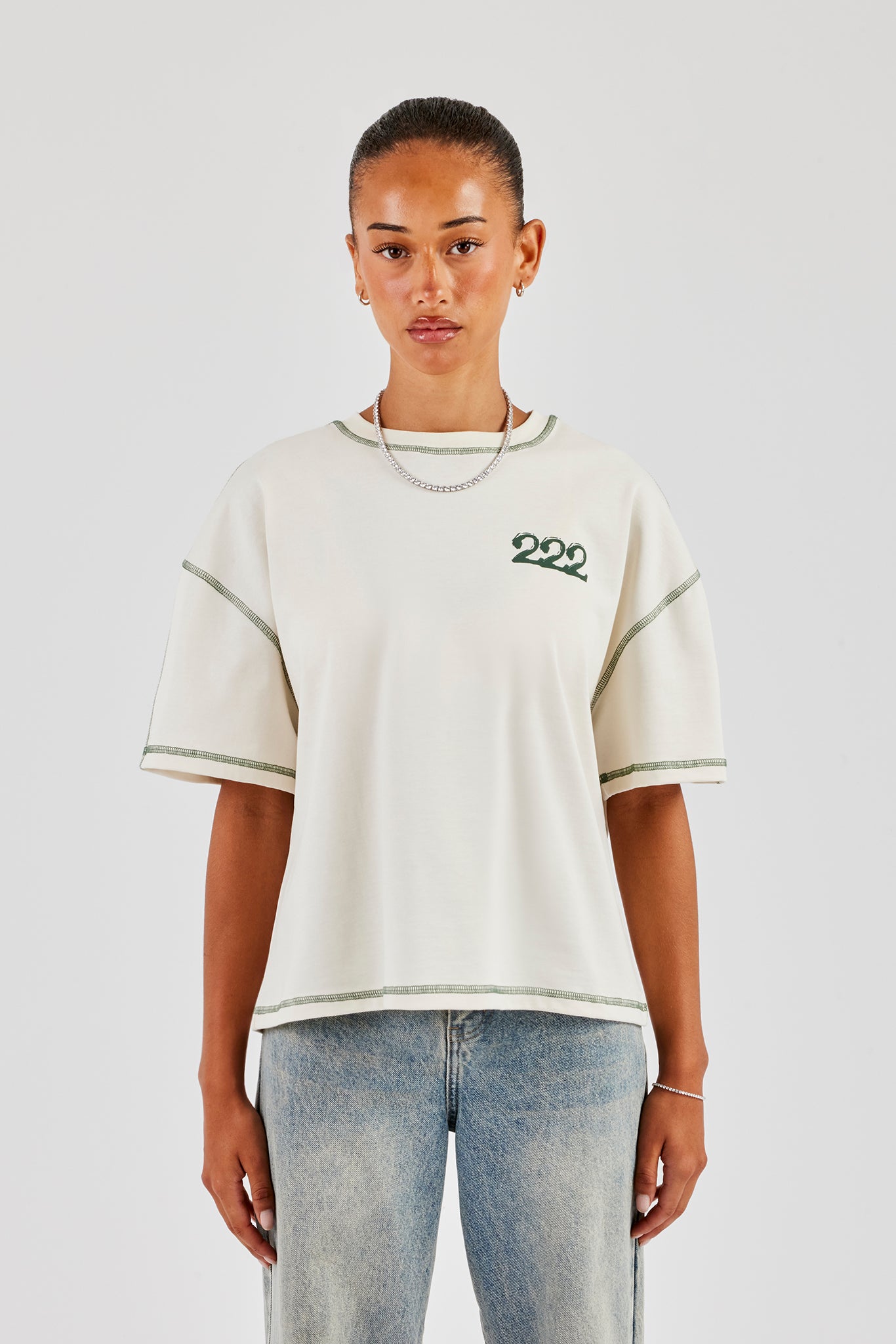 222 Cherub Contrast Stitch Oversized T-Shirt - Off White