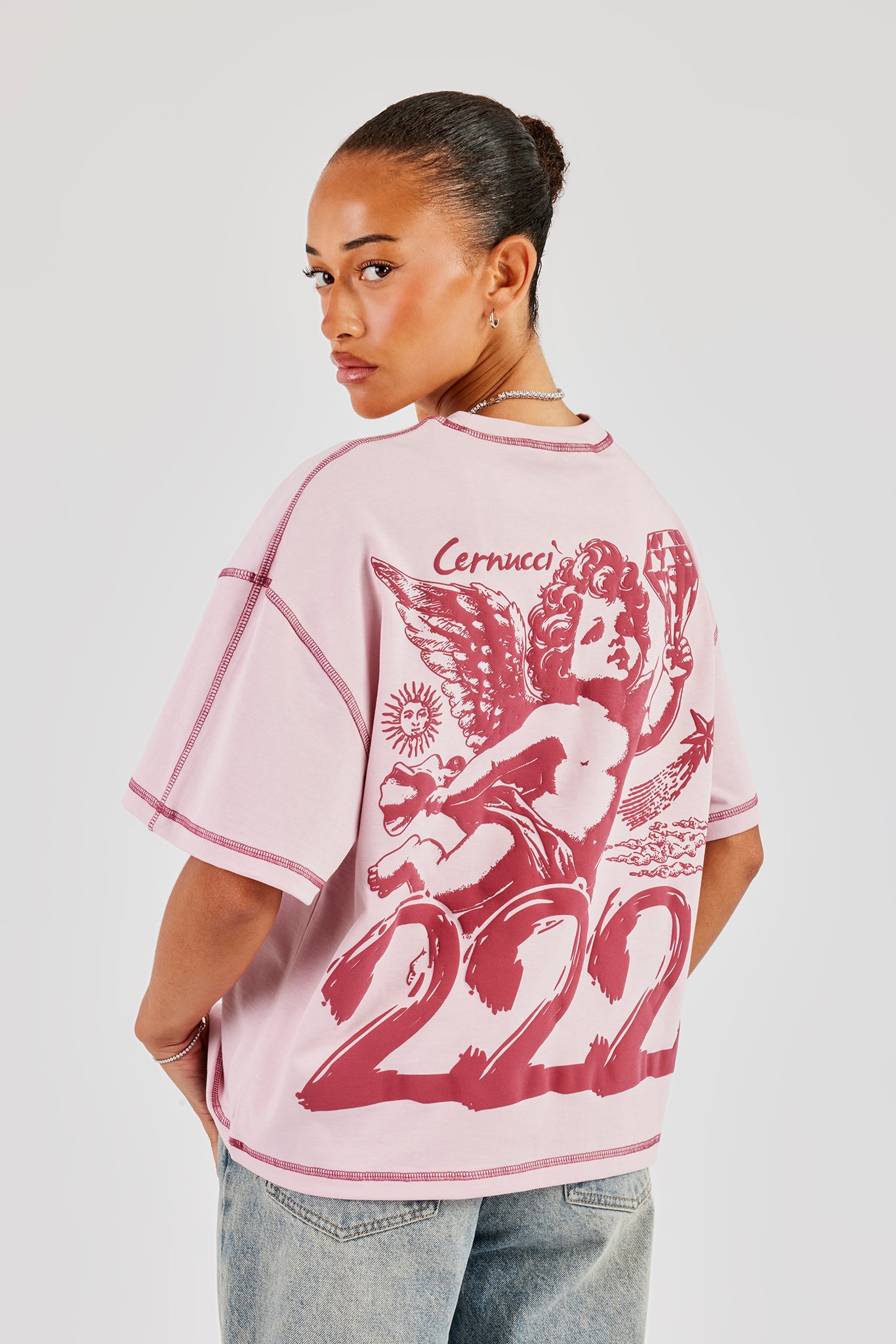 222 Cherub Oversize-T-Shirt mit Kontraststichen - Rosa