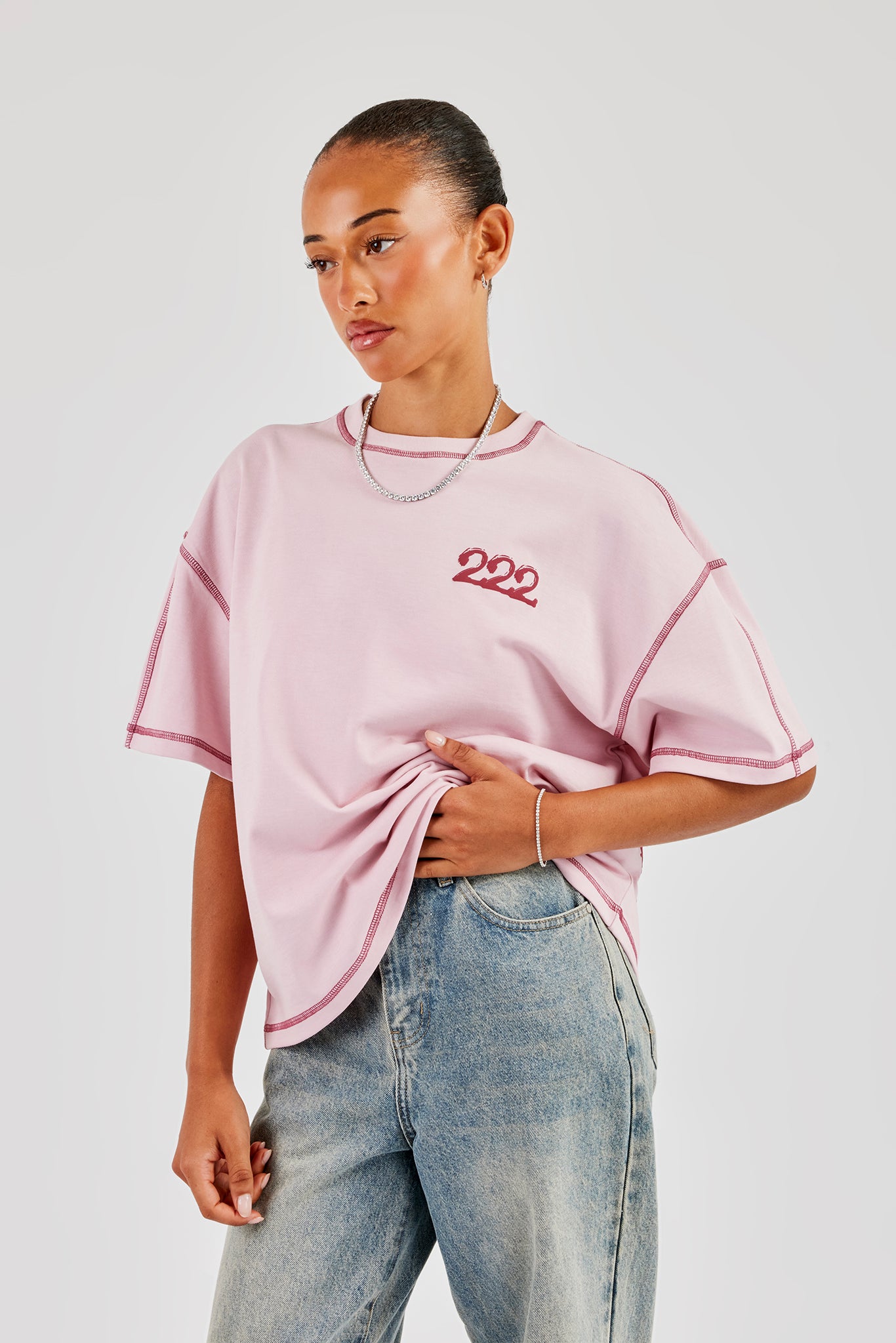 222 Cherub Oversize-T-Shirt mit Kontraststichen - Rosa