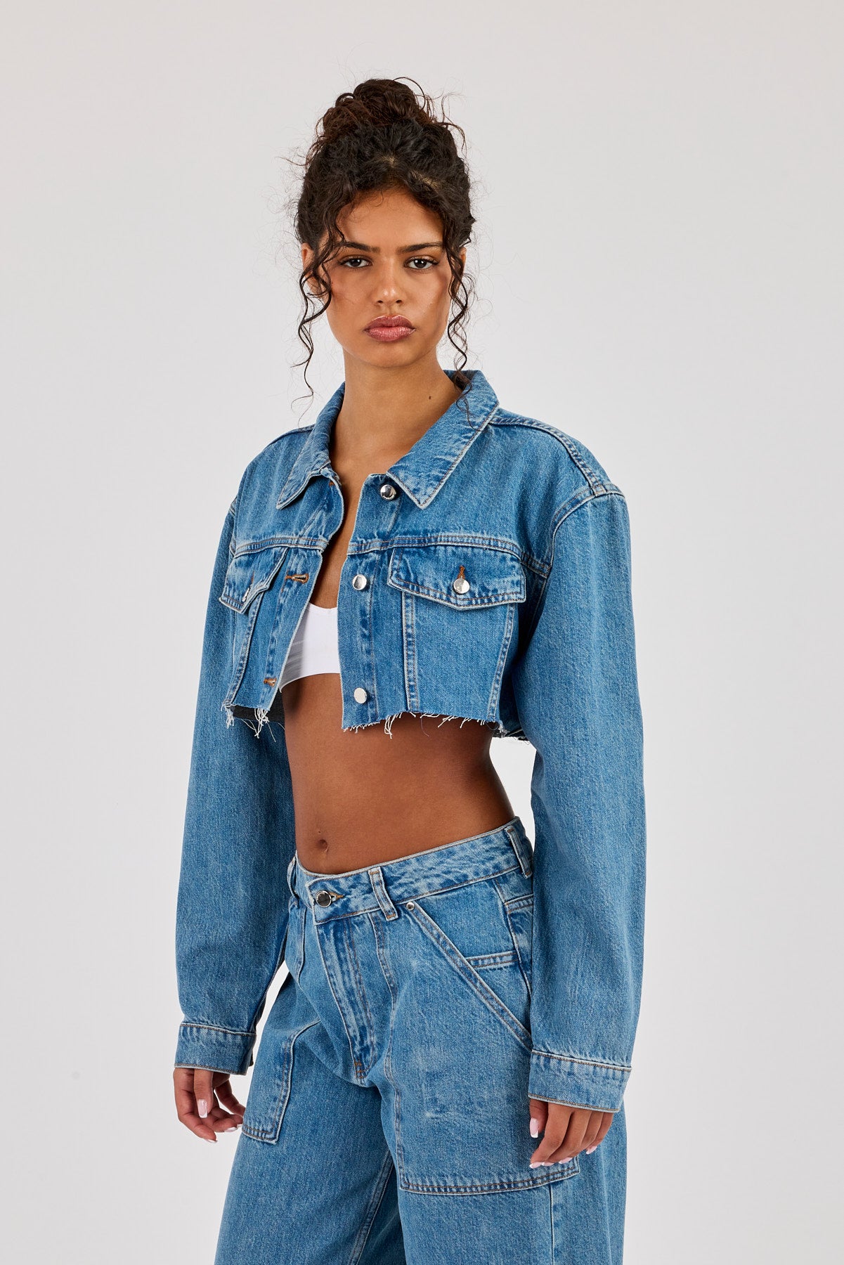 Super Cropped Denim Jacket - Mid Blue