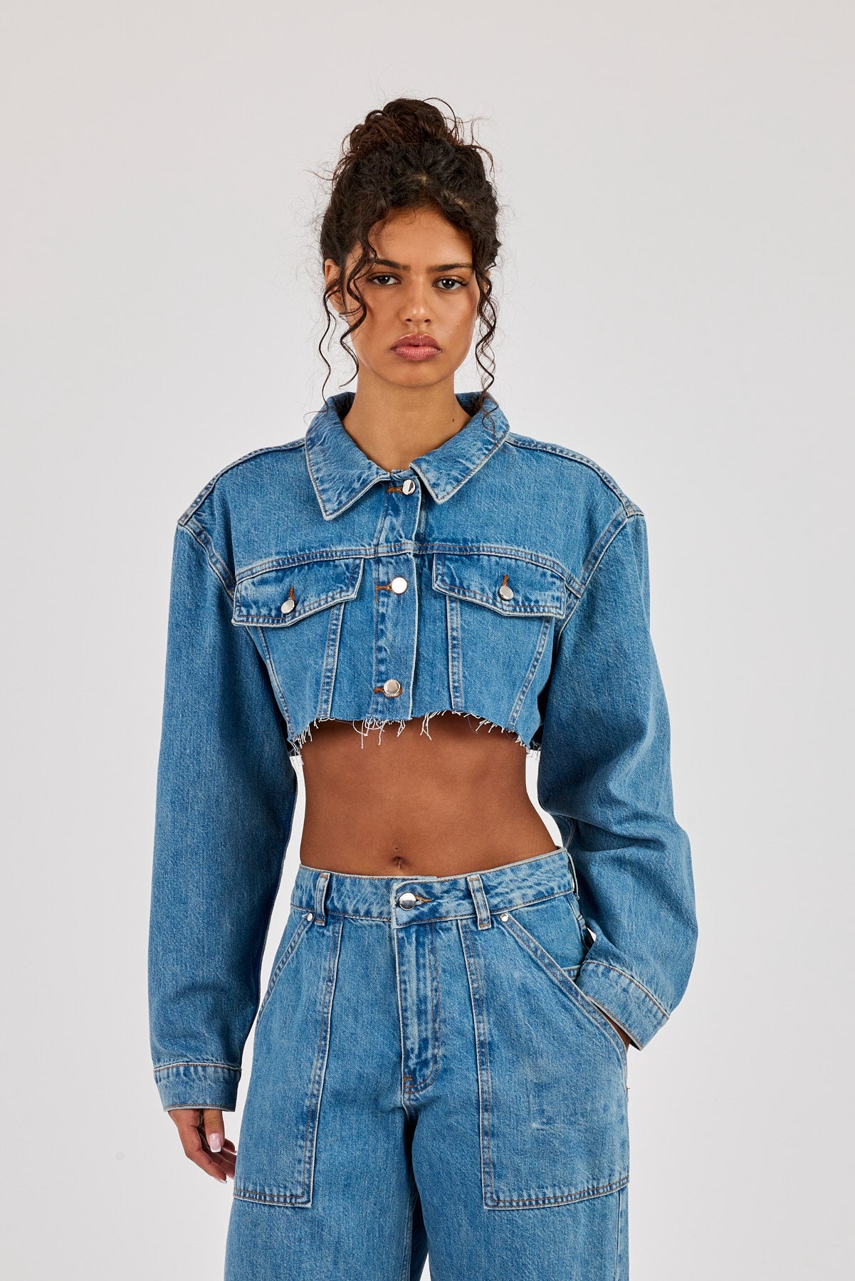 Super Cropped Denim Jacket - Mid Blue