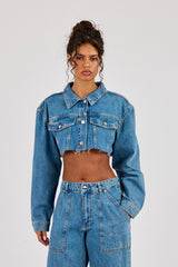 Super Cropped Denim Jacket - Mid Blue