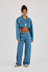 Super Cropped Denim Jacket & Baggy Pocket Detail Jean - Mid Blue