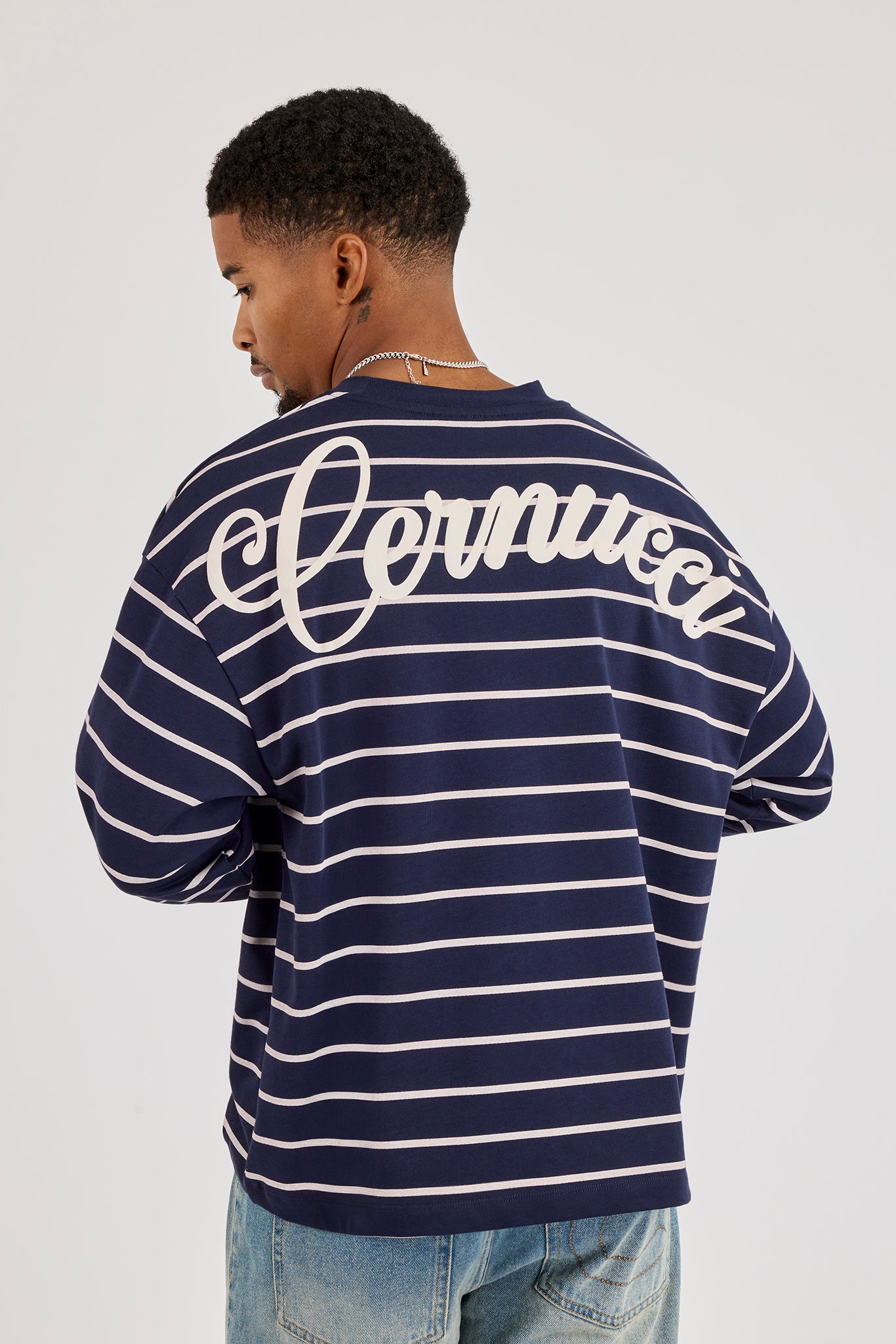 Long Sleeve Stripe Logo T-Shirt - Navy