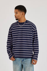 Long Sleeve Stripe Logo T-Shirt - Navy