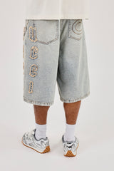 Logo Applique Denim Jorts & 10mm Cernucci Motif Jean Chain - Antique Wash