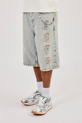 Logo Applique Denim Jorts & 10mm Cernucci Motif Jean Chain - Antique Wash