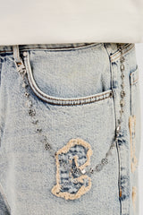 Logo Applique Denim Jorts & 10mm Cernucci Motif Jean Chain - Antique Wash