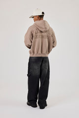 Washed Applique Embroidered Hoodie - Taupe